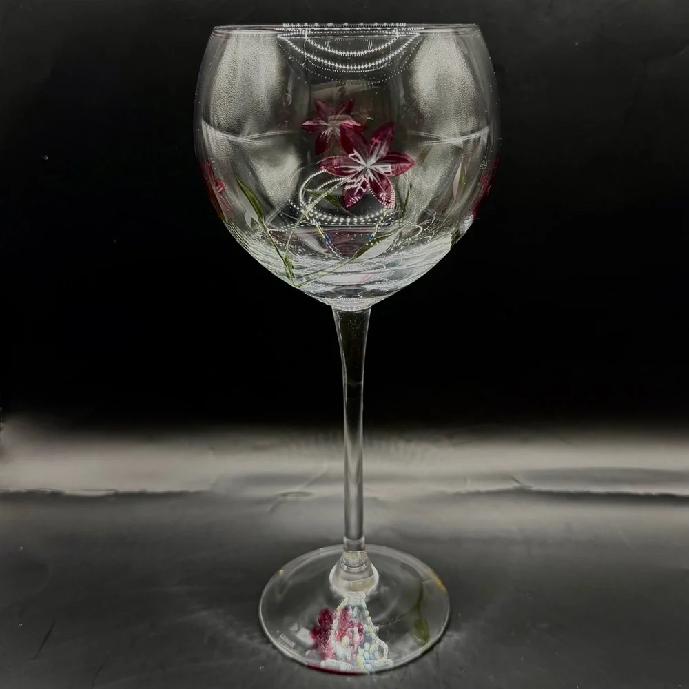 Lenox Floral Spirit Balloon Wine Glass Magenta Pink Flower Hand‎ Painted 8.75